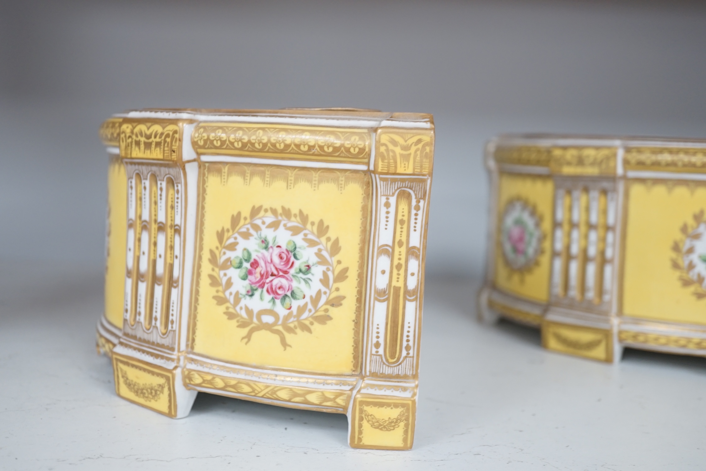 A pair of Dresden style yellow ground bough pots, 30cm wide. Condition - fair to good.